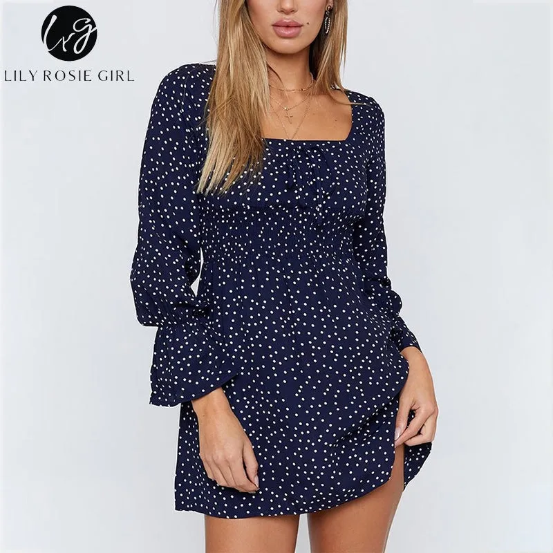 VenusFox Square Collar Casual Dot Short Boho Dress