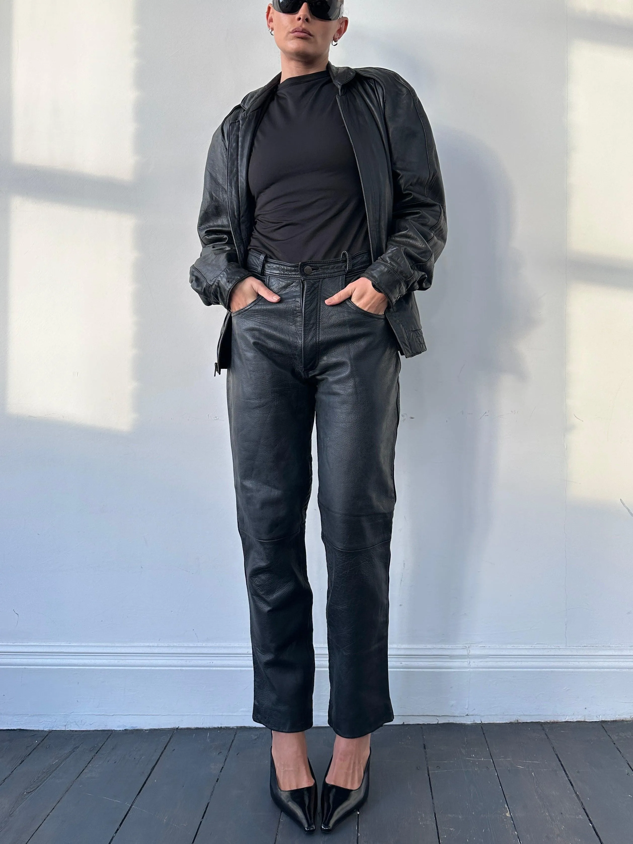 Vintage High Waisted Straight Leg Leather Trousers - W28