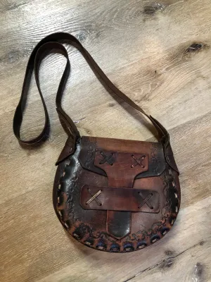 Vintage Leather Crossbody Bag with Leather Stitching and Hand Tooled Design SOLD