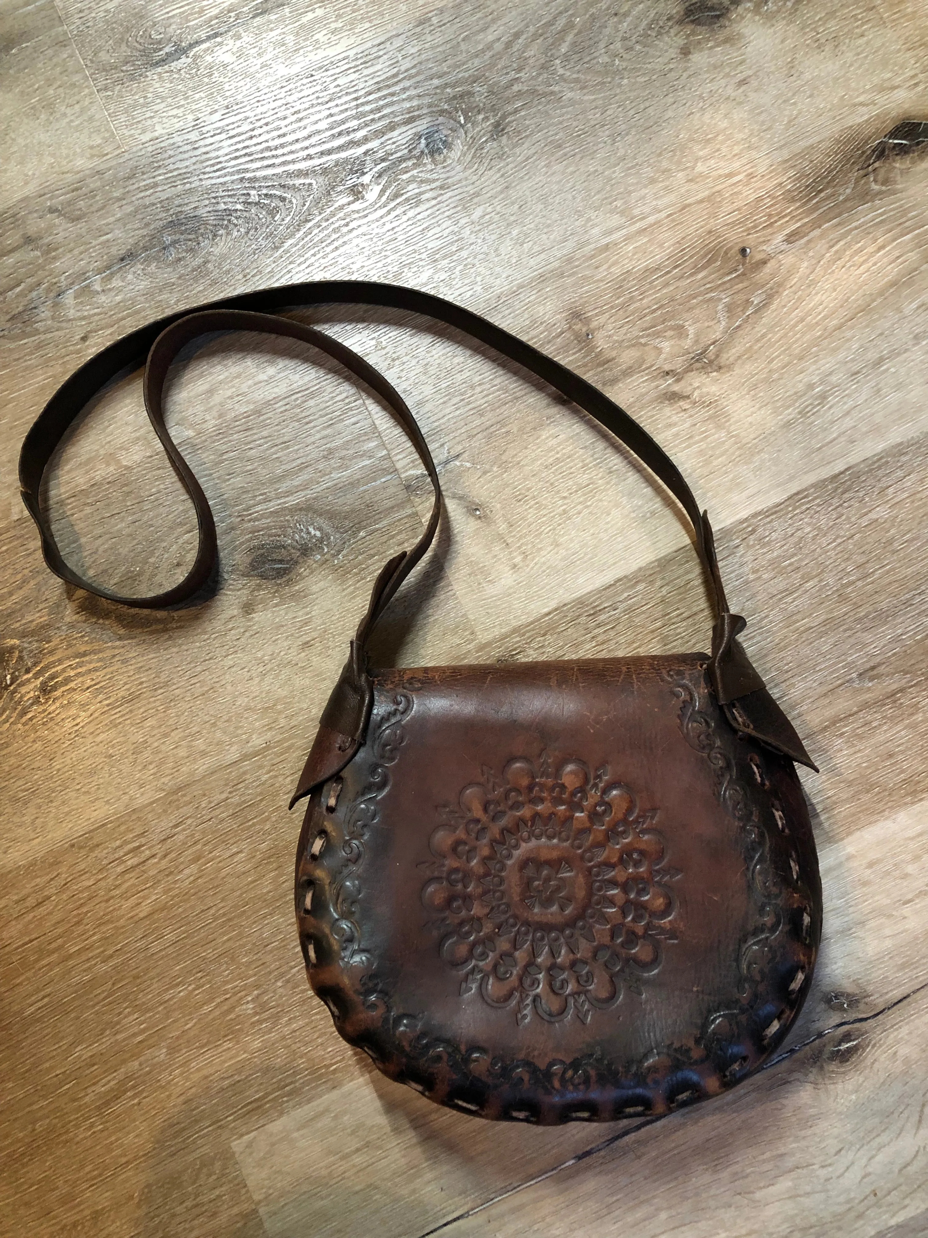 Vintage Leather Crossbody Bag with Leather Stitching and Hand Tooled Design SOLD
