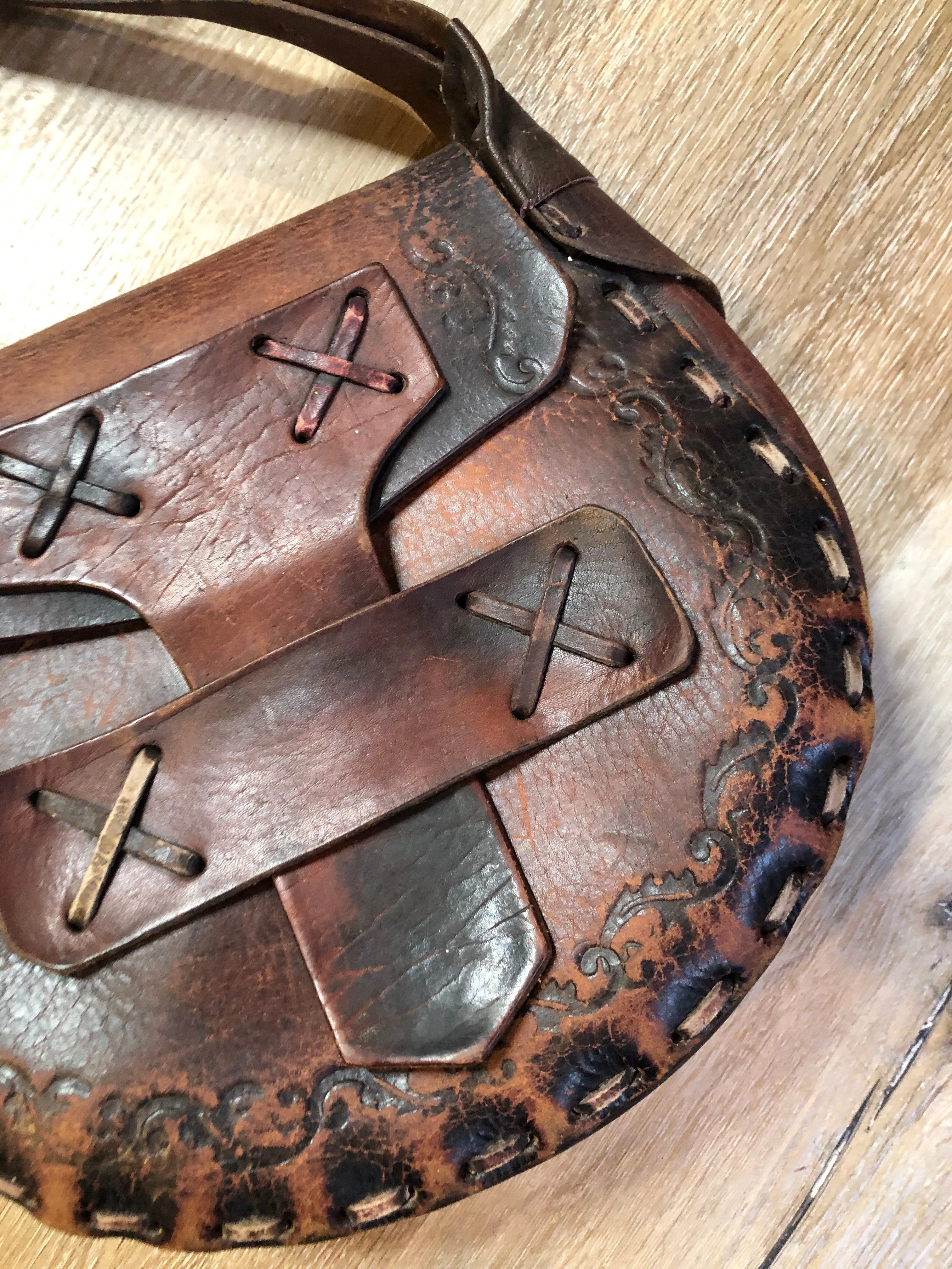 Vintage Leather Crossbody Bag with Leather Stitching and Hand Tooled Design SOLD