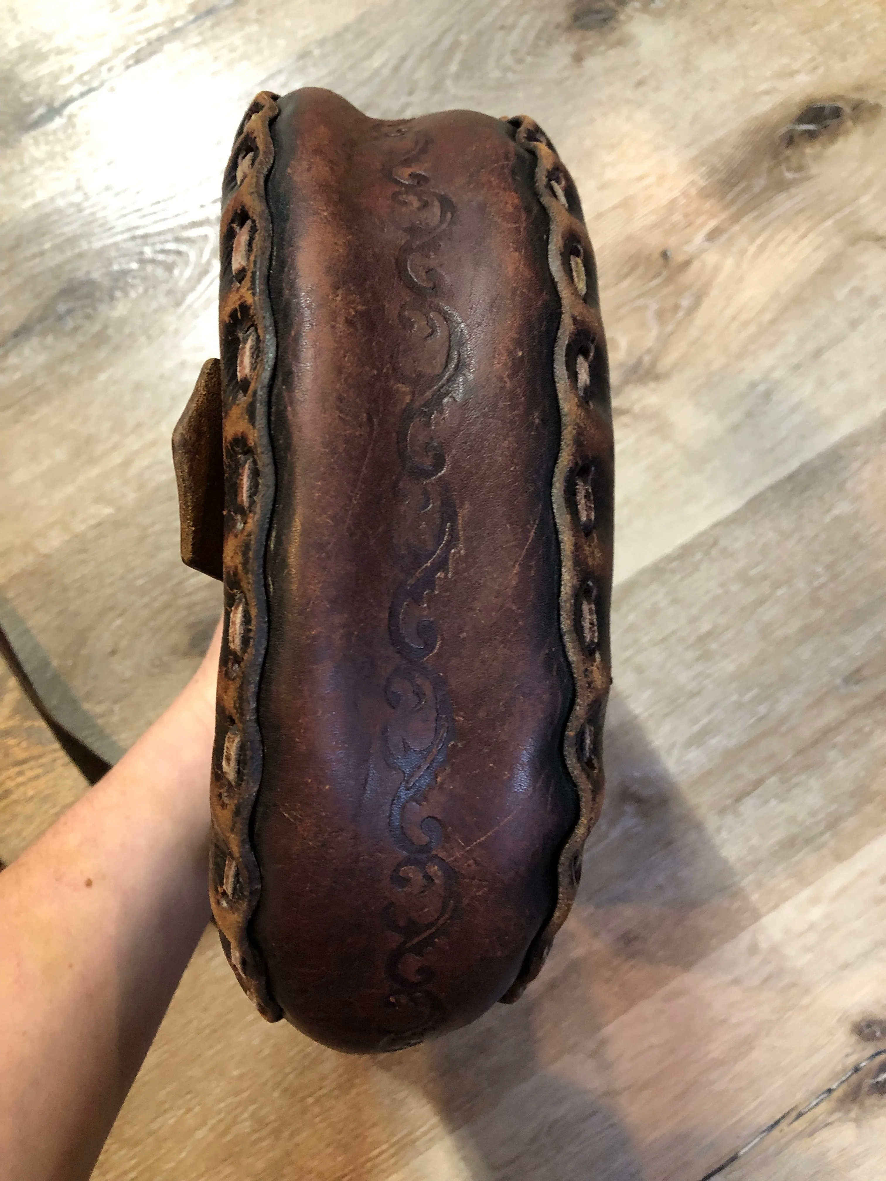 Vintage Leather Crossbody Bag with Leather Stitching and Hand Tooled Design SOLD