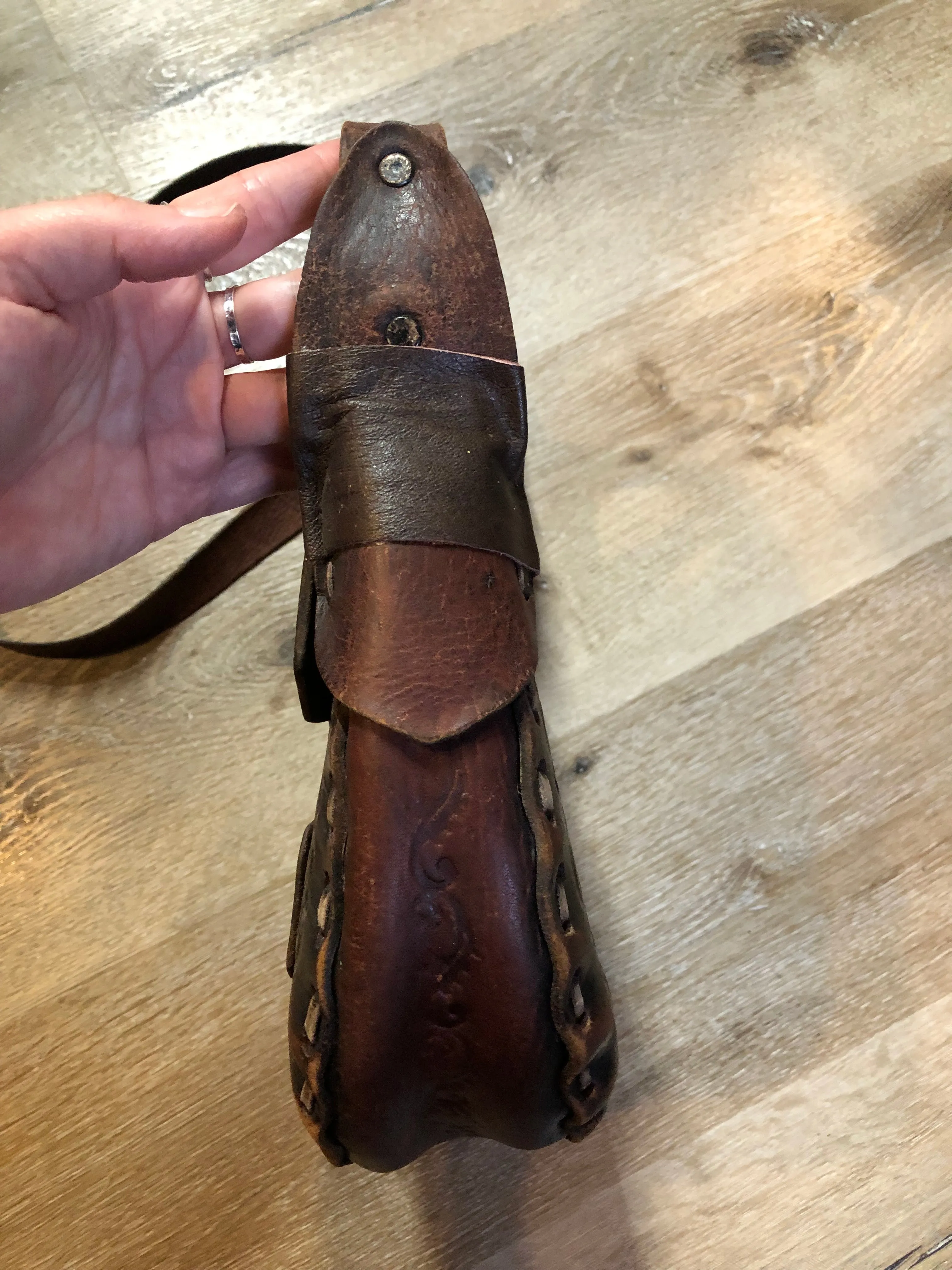 Vintage Leather Crossbody Bag with Leather Stitching and Hand Tooled Design SOLD