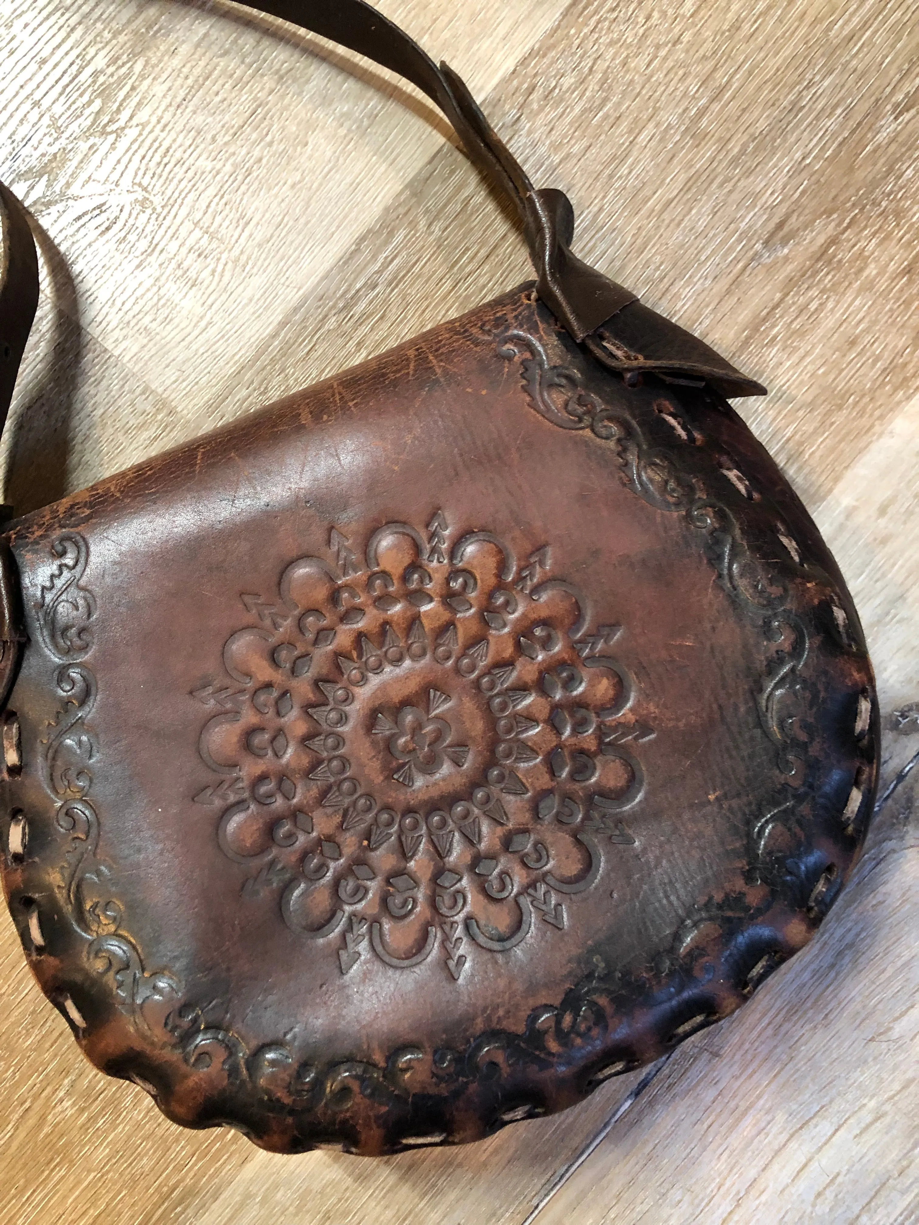 Vintage Leather Crossbody Bag with Leather Stitching and Hand Tooled Design SOLD