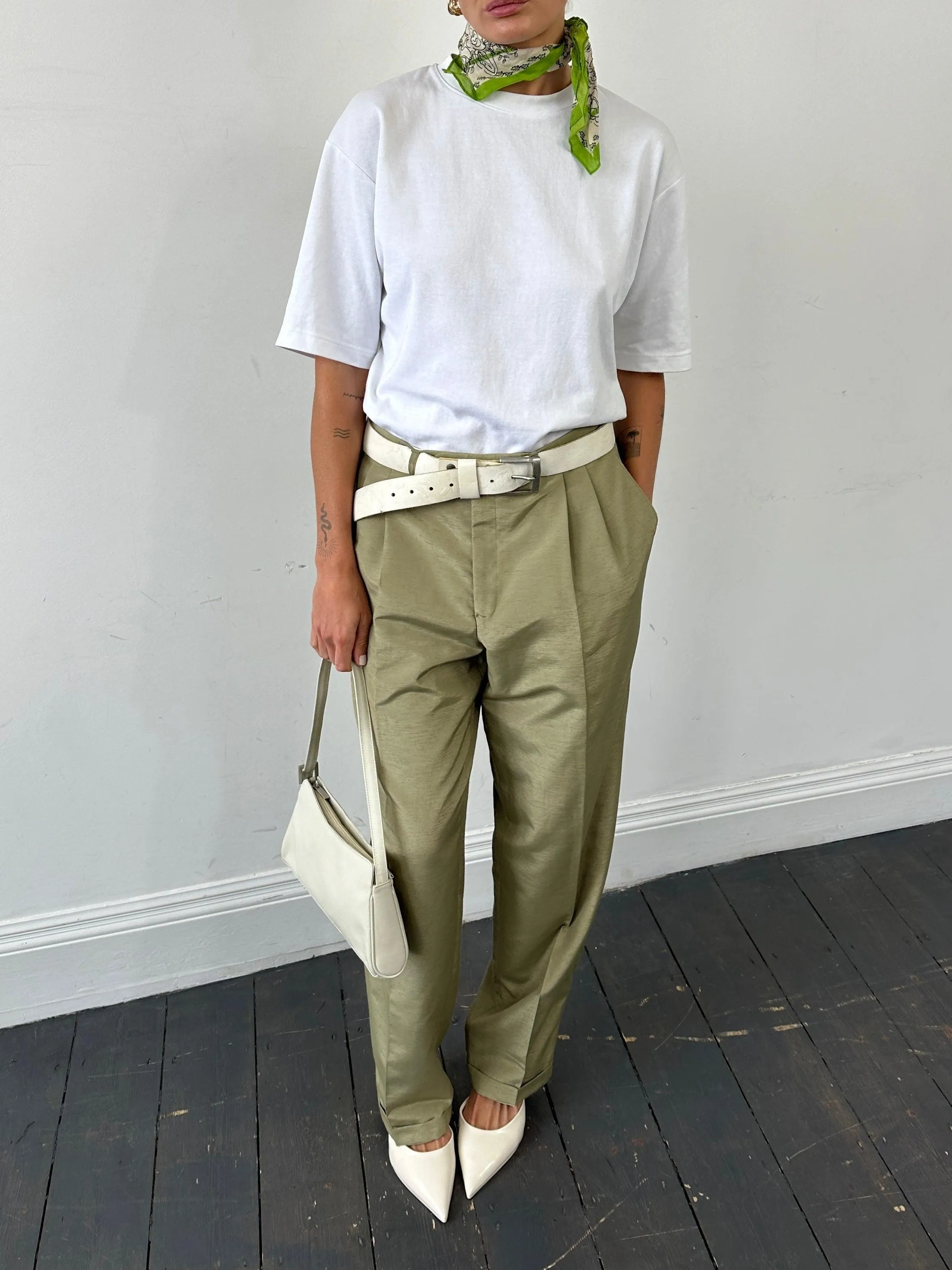 Vintage Linen Blend Satin High Waisted Straight Leg Pleated Tailored Trousers - W32
