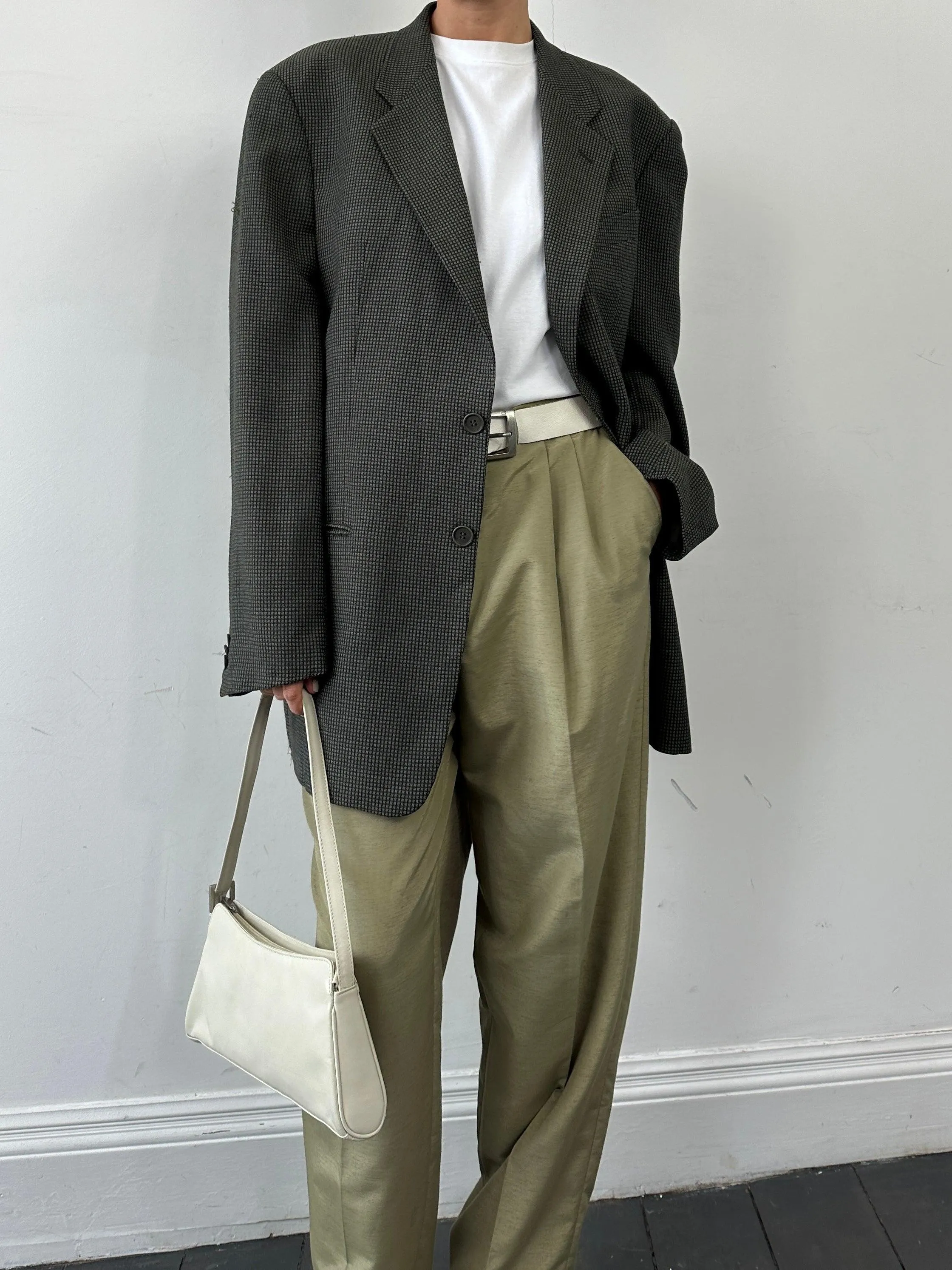 Vintage Linen Blend Satin High Waisted Straight Leg Pleated Tailored Trousers - W32