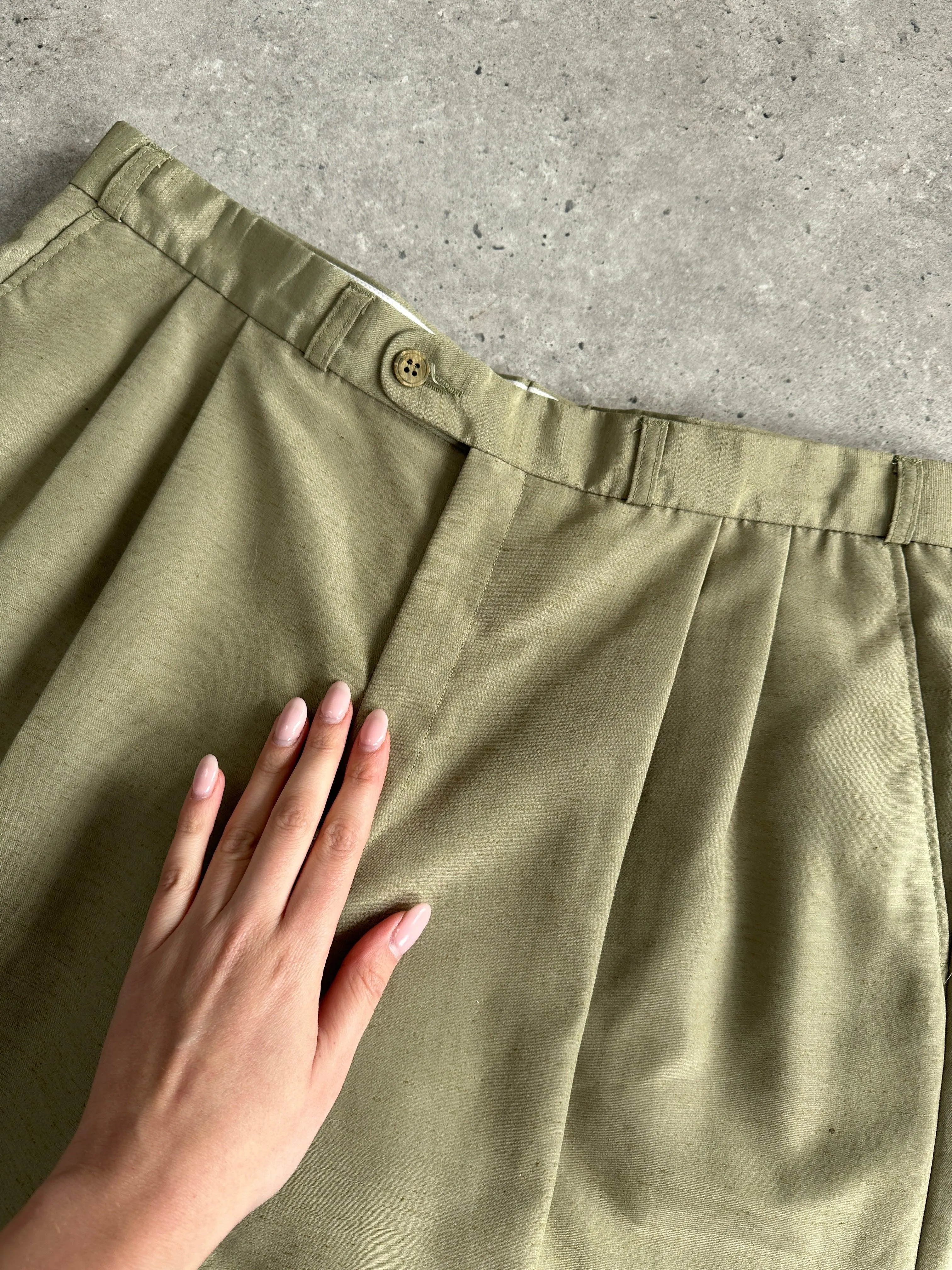 Vintage Linen Blend Satin High Waisted Straight Leg Pleated Tailored Trousers - W32