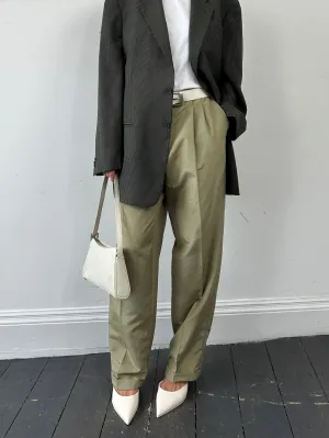 Vintage Linen Blend Satin High Waisted Straight Leg Pleated Tailored Trousers - W32