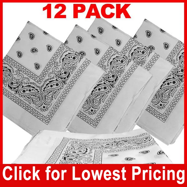 White Bandana - 100% Cotton - Paisley Bandana - 12 Pack