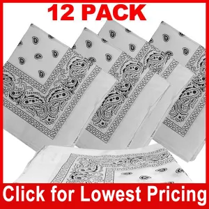 White Bandana - 100% Cotton - Paisley Bandana - 12 Pack